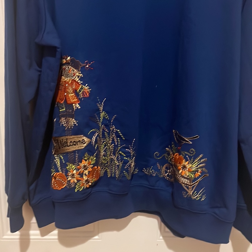 Alfred Dunner Navy Blue Crewneck Sweater with Autumn Embroidery - Picture 2 of 5